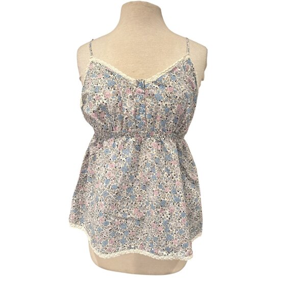Adonna Tops - Floral Print Cotton Camisole By Adonna With Lace Trim & Adjustable Straps L/G